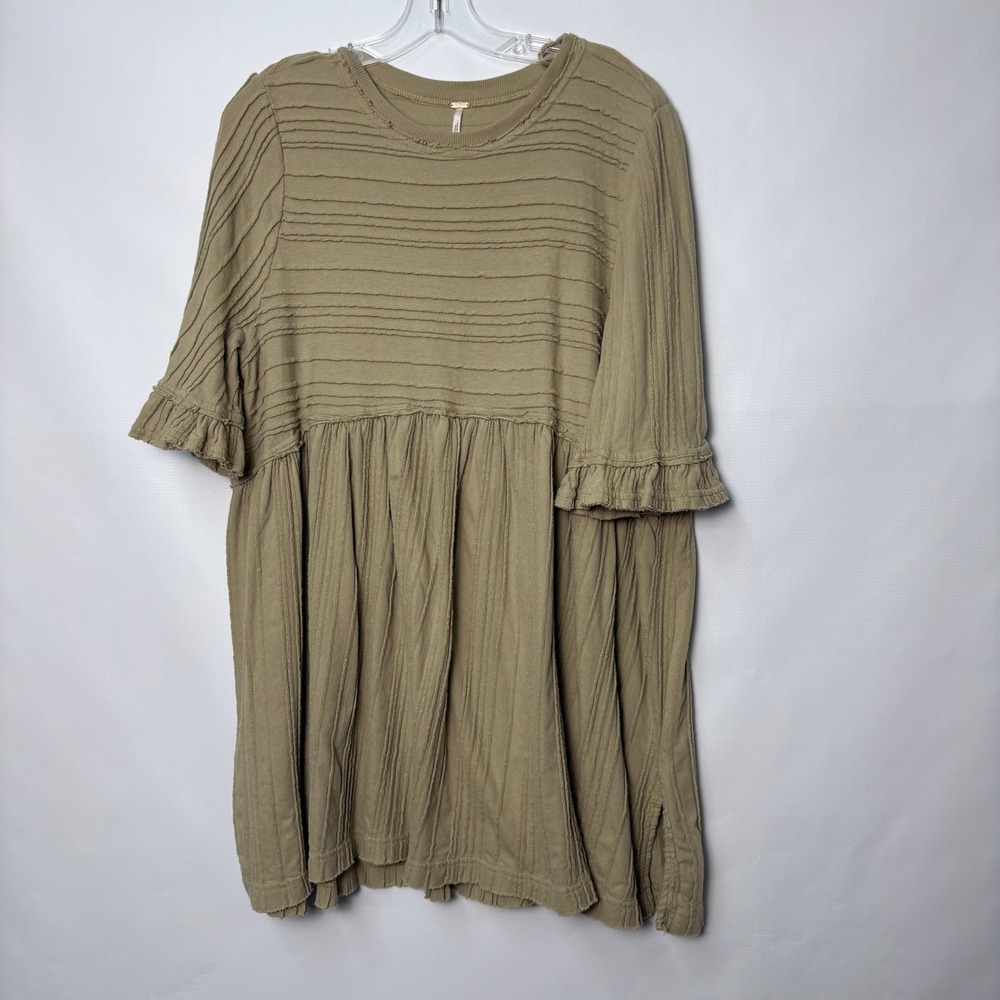 Free People Olive Green Textured Ruffle Sleeve Babydoll Tunic Top Large Boho